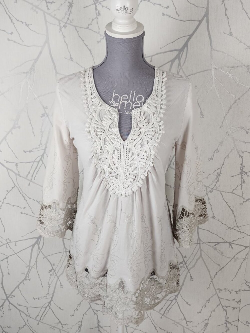 Solitaire Ivory Taupe Cotton Lace Crochet Trim Peasant Top